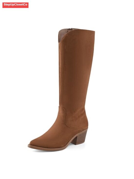 Shoes - Suede Knee High Western Boots Pointed Toe Chunky Block Heel